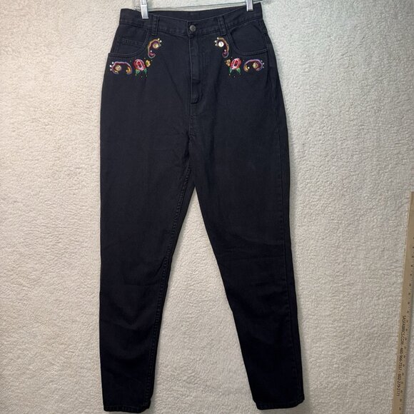 Carole Little Sport Embroidered Accent Floral Black Denim Jeans Women's Sz 10 - Picture 1 of 8